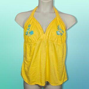 Vintage 90s Y2K Babydoll Halter Top Size L Yellow Blue Floral Embroidered Cotton